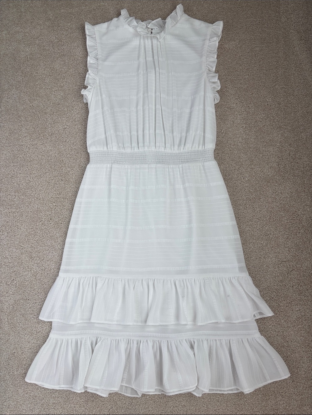 Avec Les Filles White Tonal Stripe Ruffle Dress, size 10